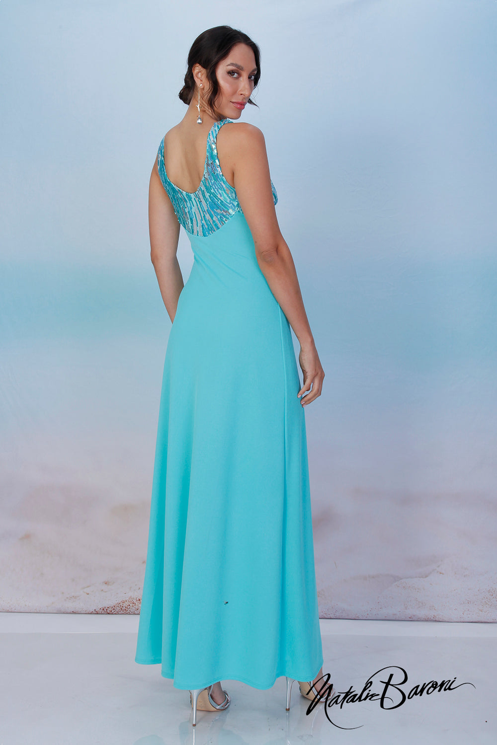 Aquamarine Rhinestones cheapest Halter Formal Floor-Lenght Dress By La Scala. Size S